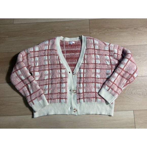 LC Lauren Conrad Women's XL Pink White Fuzzy Knit Button Cardigan Sweater Cozy - Picture 1 of 10